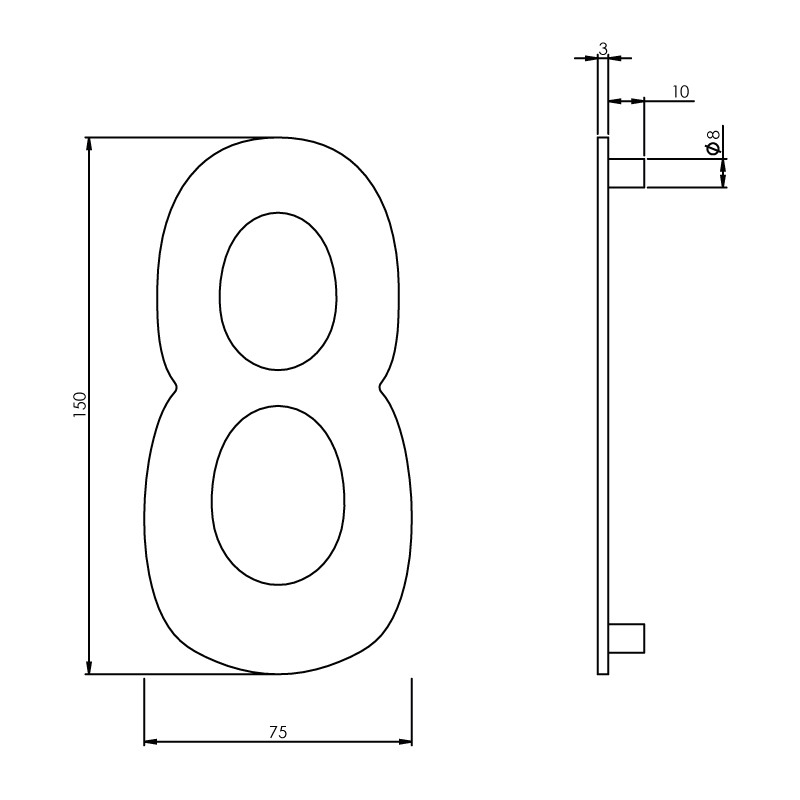 Huisnummer 8 smal rvs geborsteld 150x3mm-Deurbeslag-en-meer.nl