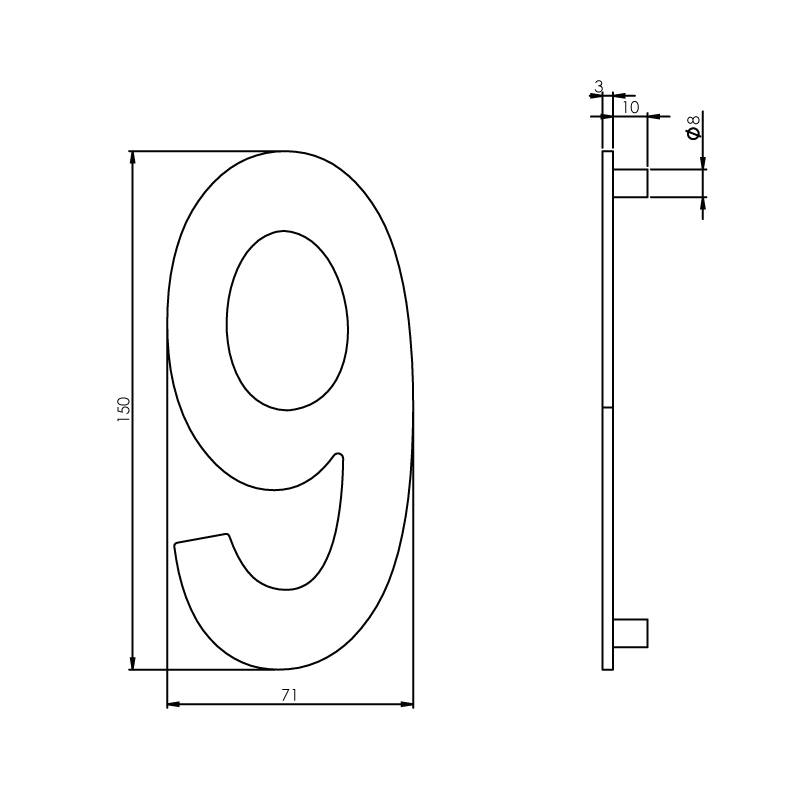 Huisnummer 9 smal rvs geborsteld 150x3mm-Deurbeslag-en-meer.nl