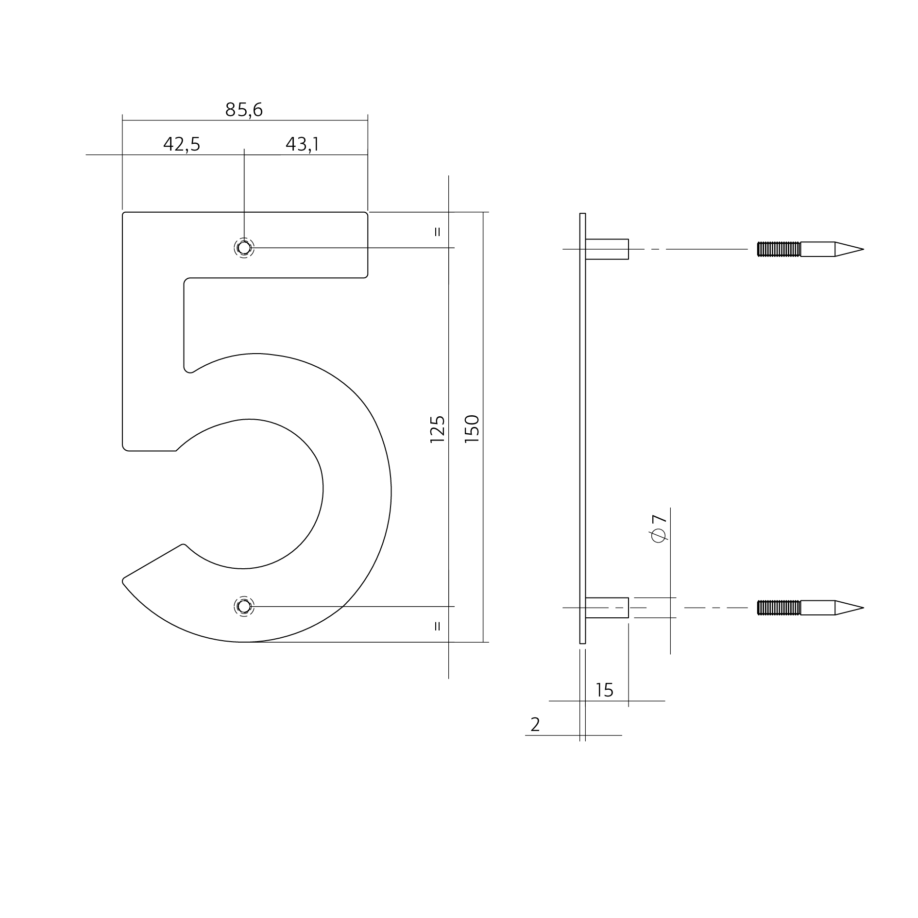 Huisnummer 5 rvs geborsteld 150x2mm-Deurbeslag-en-meer.nl