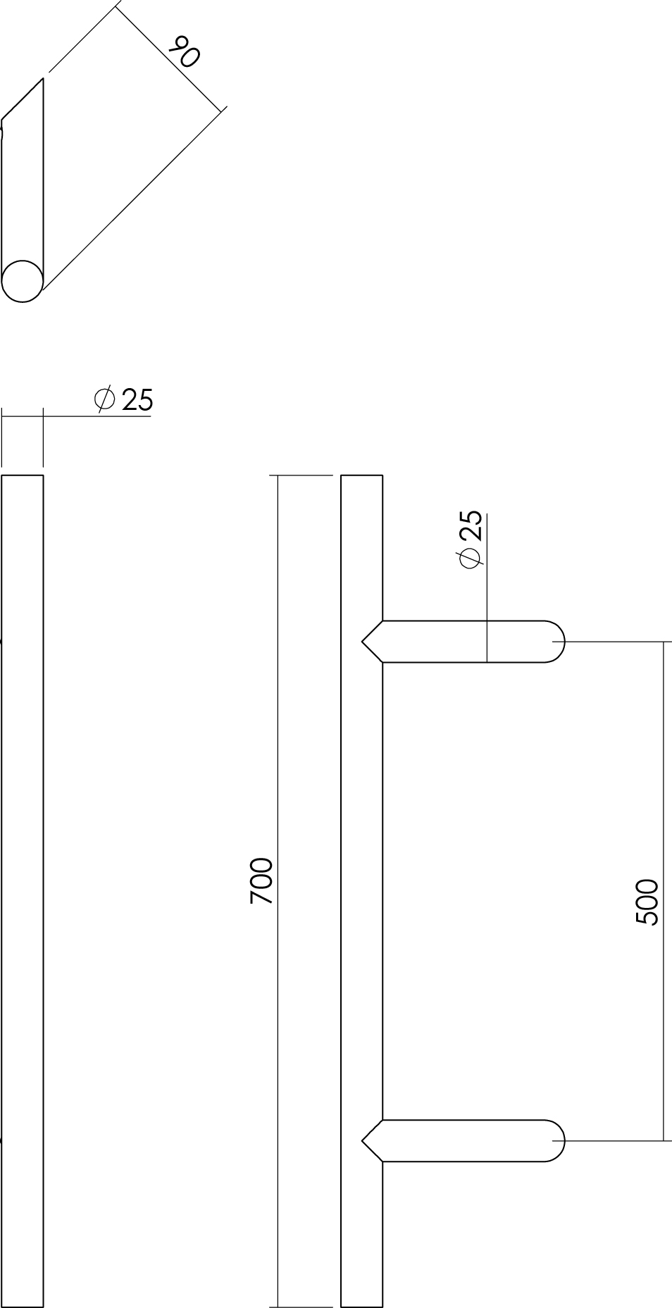 tek. Deurgreep per stuk T-schuin 700x85x25 HoH 500 RVS -0035.432841 -Deurbeslag-en-meer.nl