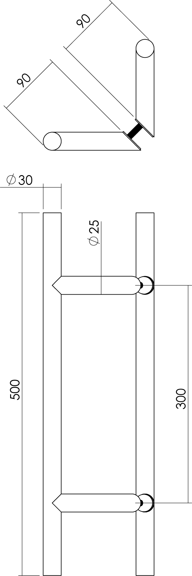 tek. Deurgrepen per paar T-schuin 500x90x30 HoH 300 RVS -0035.432922 -Deurbeslag-en-meer.nl