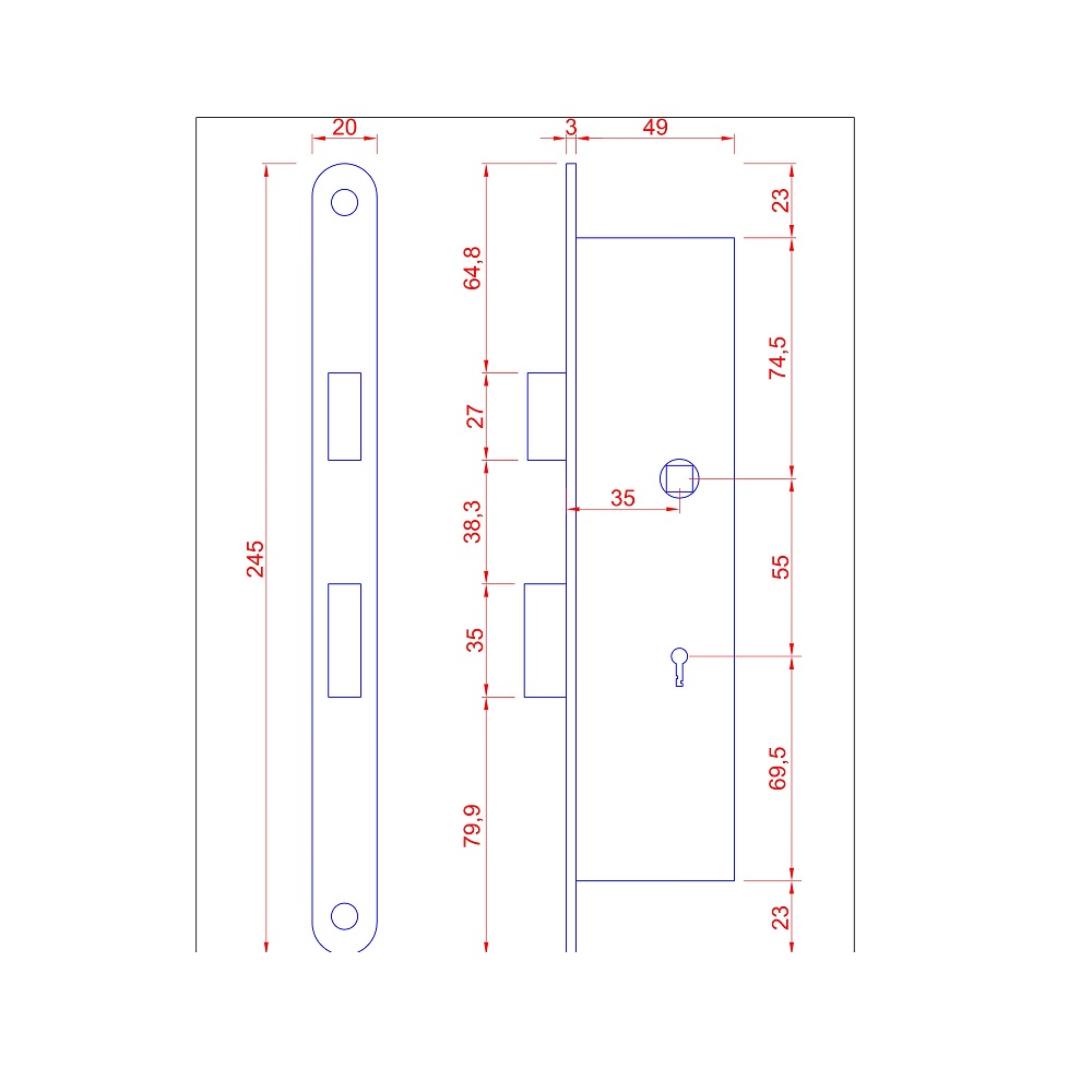 Smalslot Klaviersleutel zwart tbv opdekdeuren 20x245mm Doornmaat 35mm