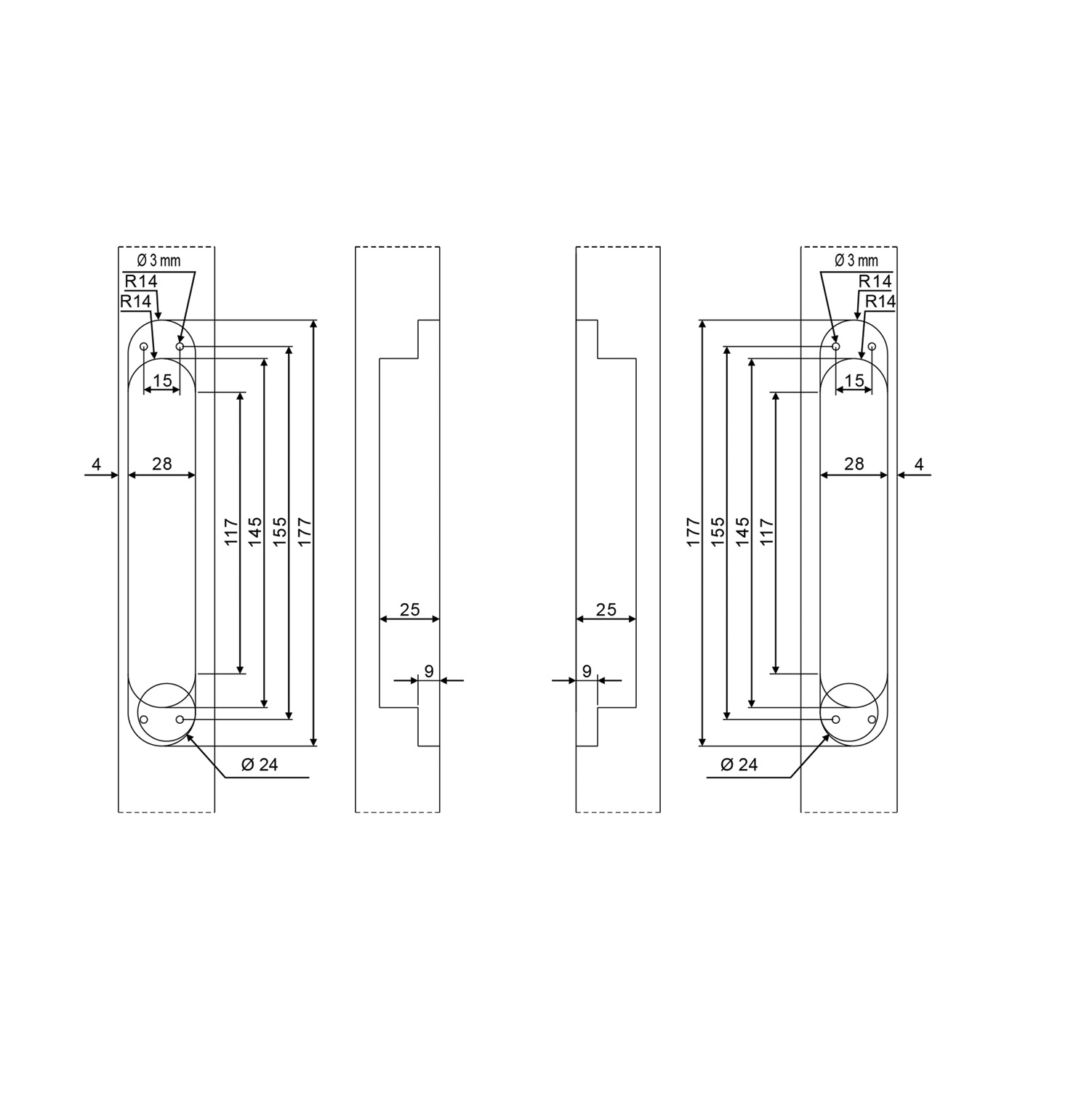 Verdekt scharnier 177x28mm 80kg zwart