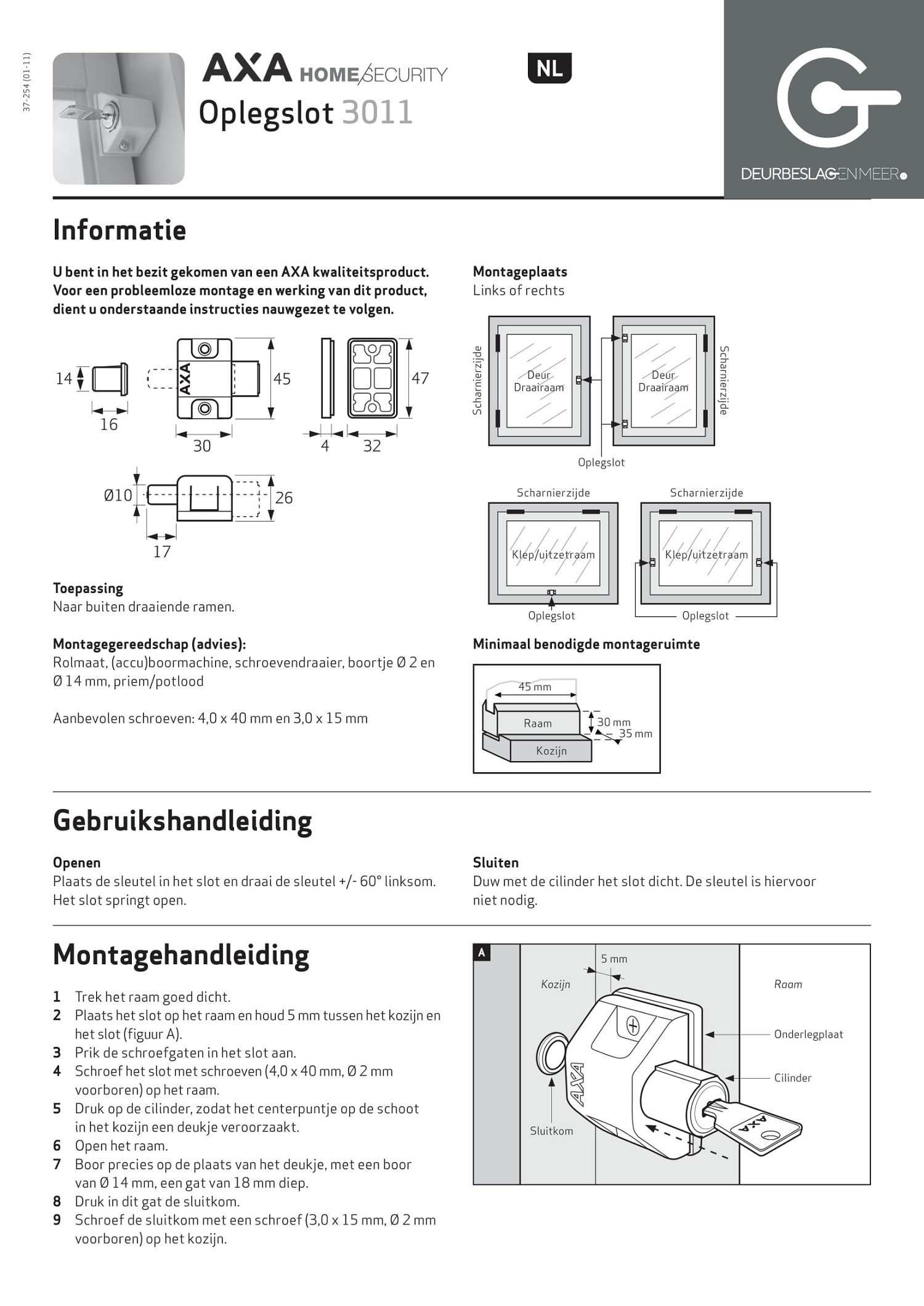 Raamoplegslot AXA 3011 Wit