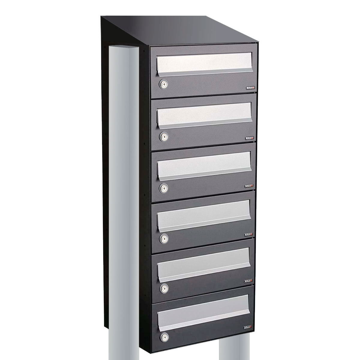 Postkastunit Hive set Antraciet 1-breed x 6-hoog met dak en statief - 40030065_1x6ds - Deurbeslag-en-meer.nl