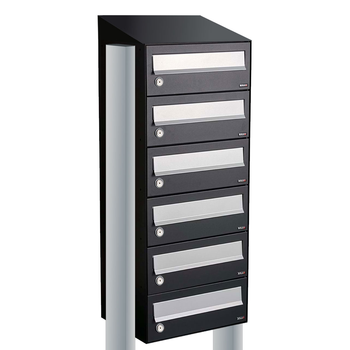 Postkastunit Hive set Zwart 1-breed x 6-hoog met dak en statief - 40030070_1x6ds - Deurbeslag-en-meer.nl