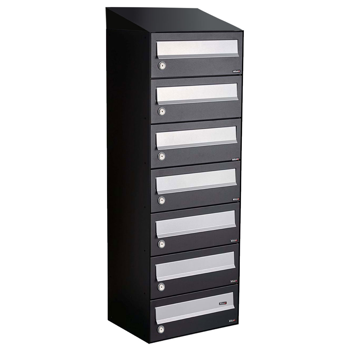 Postkastunit Hive set Zwart 1-breed x 7-hoog met dak - 40030070_1x7d - Deurbeslag-en-meer.nl