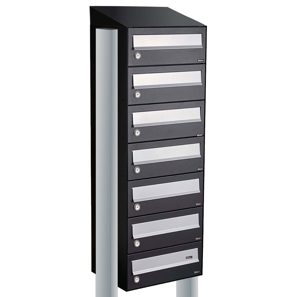 Postkastunit Hive set Zwart 1-breed x 7-hoog met dak en statief - 40030070_1x7ds - Deurbeslag-en-meer.nl