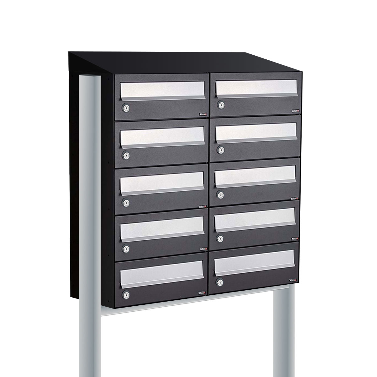 Postkastunit Hive set Zwart 2-breed x 5-hoog met dak en statief - 40030070_2x5ds - Deurbeslag-en-meer.nl