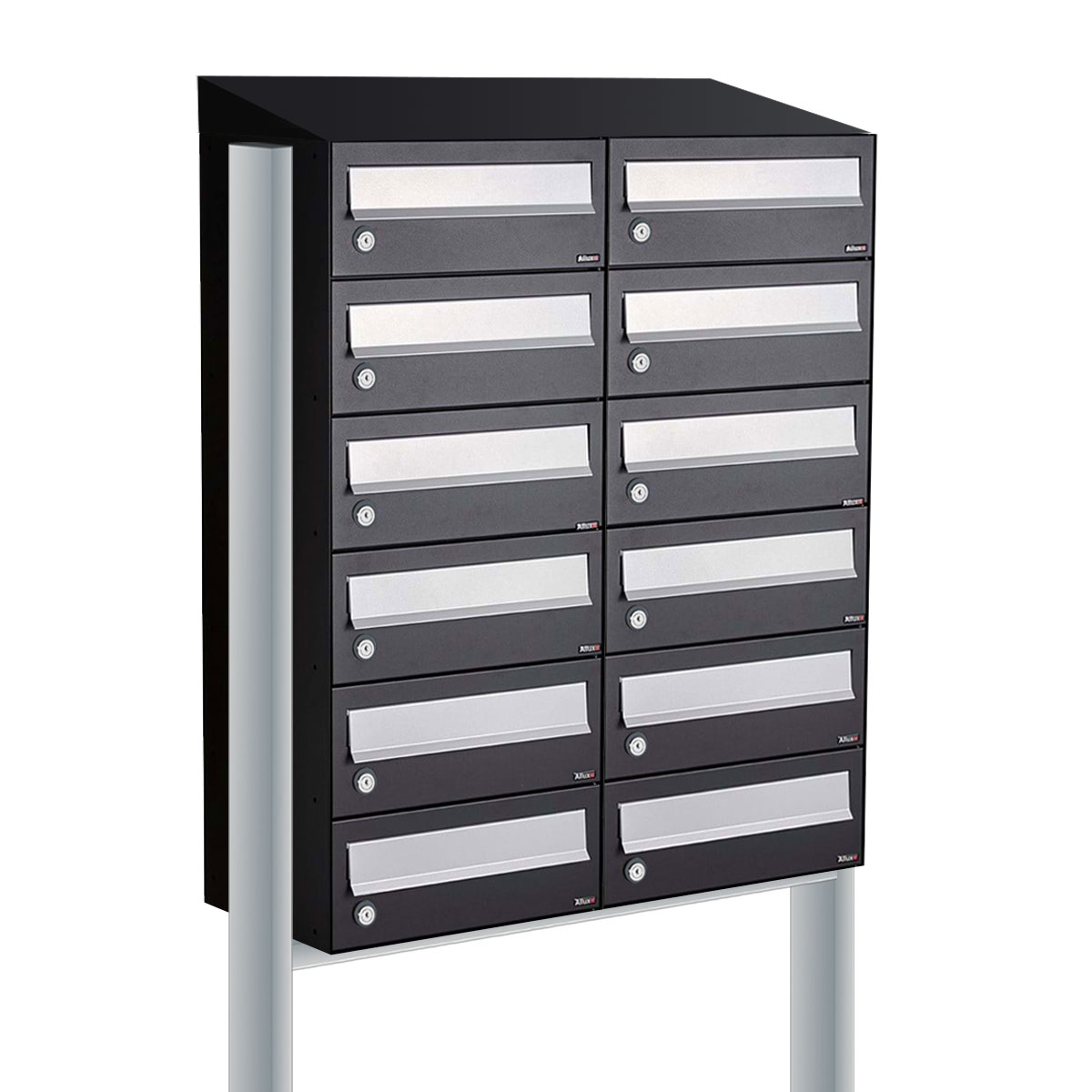 Postkastunit Hive set Zwart 2-breed x 6-hoog met dak en statief - 40030070_2x6ds - Deurbeslag-en-meer.nl