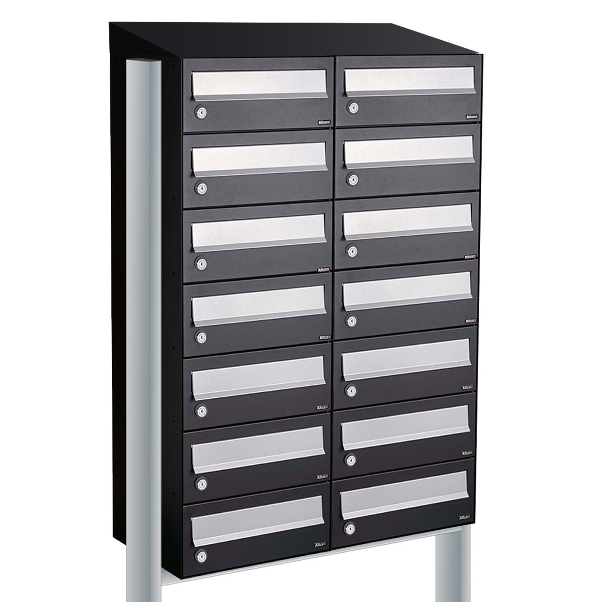 Postkastunit Hive set Zwart 2-breed x 7-hoog met dak en statief - 40030070_2x7ds - Deurbeslag-en-meer.nl