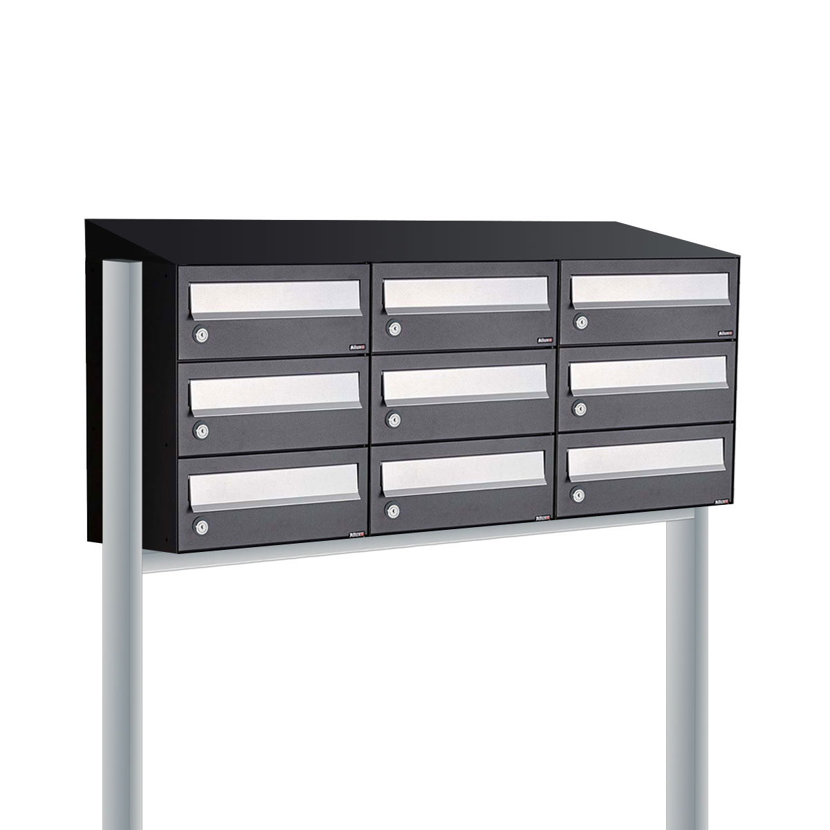 Postkastunit Hive set Zwart 3-breed x 3-hoog met dak en statief - 40030070_3x3ds - Deurbeslag-en-meer.nl