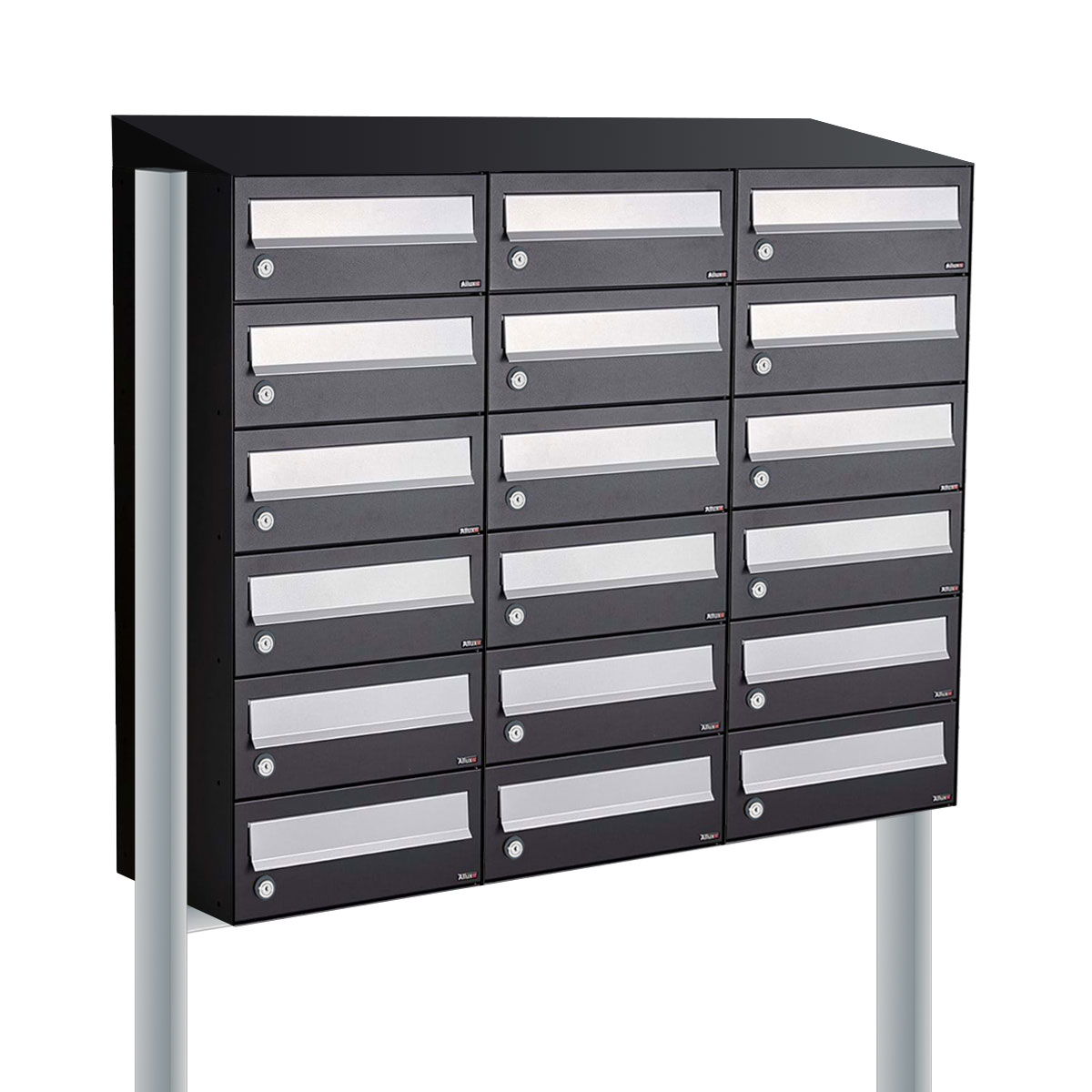 Postkastunit Hive set Zwart 3-breed x 6-hoog met dak en statief - 40030070_3x6ds - Deurbeslag-en-meer.nl