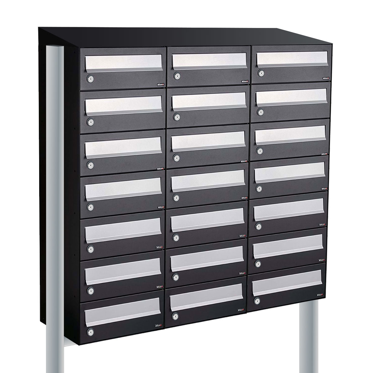 Postkastunit Hive set Zwart 3-breed x 7-hoog met dak en statief - 40030070_3x7ds - Deurbeslag-en-meer.nl