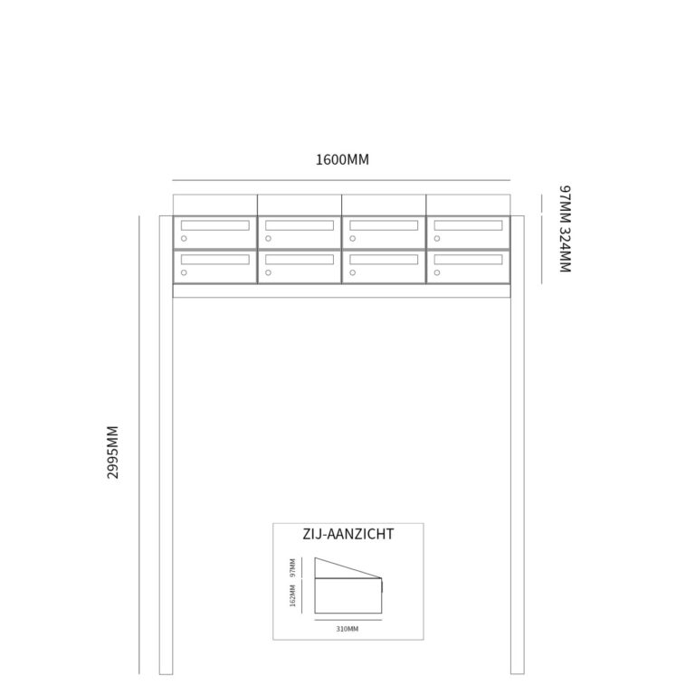 Postkastunit Hive set Zwart 4-breed x 2-hoog met dak en statief - 40030070_4x2ds - Deurbeslag-en-meer.nl