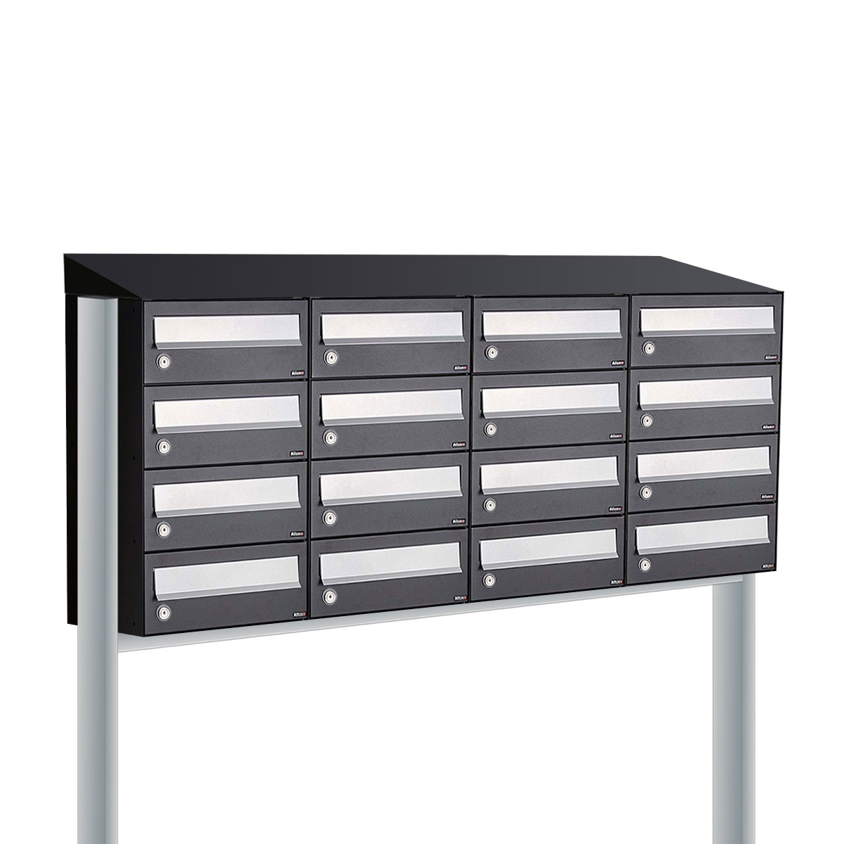 Postkastunit Hive set Zwart 4-breed x 4-hoog met dak en statief - 40030070_4x4ds - Deurbeslag-en-meer.nl