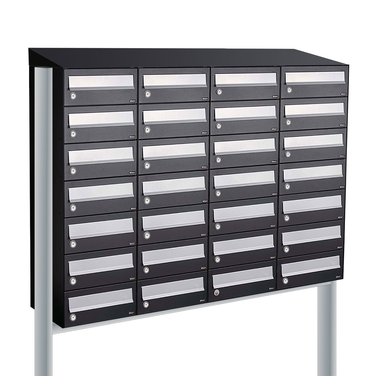 Postkastunit Hive set Zwart 4-breed x 7-hoog met dak en statief - 40030070_4x7ds - Deurbeslag-en-meer.nl