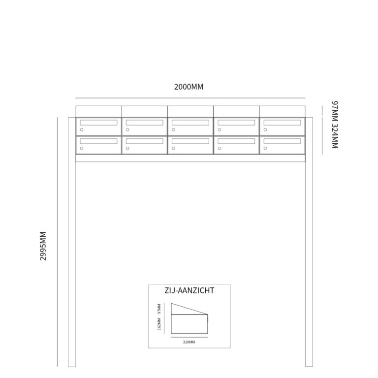 Postkastunit Hive set Zwart 5-breed x 2-hoog met dak en statief - 40030070_5x2ds - Deurbeslag-en-meer.nl