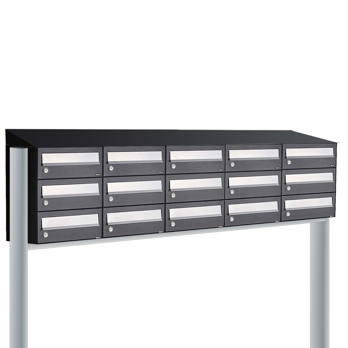 Postkastunit Hive set Zwart 5-breed x 3-hoog met dak en statief - 40030070_5x3ds - Deurbeslag-en-meer.nl