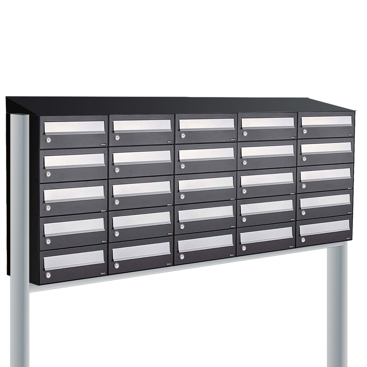 Postkastunit Hive set Zwart 5-breed x 5-hoog met dak en statief - 40030070_5x5ds - Deurbeslag-en-meer.nl