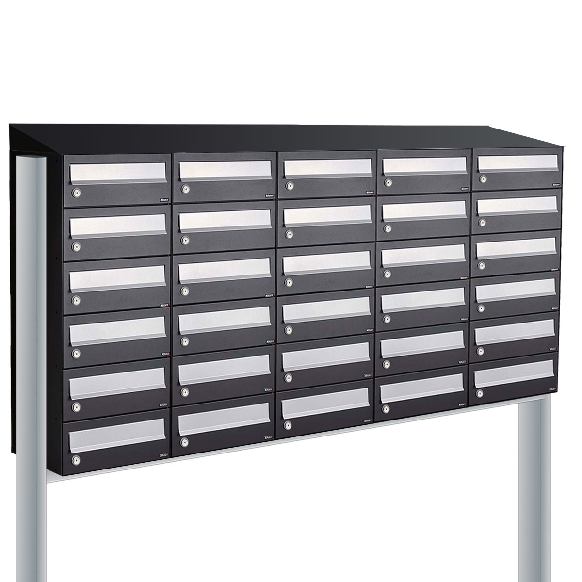 Postkastunit Hive set Zwart 5-breed x 6-hoog met dak en statief - 40030070_5x6ds - Deurbeslag-en-meer.nl