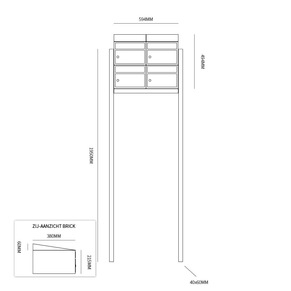 Postkastunit Brickset Antraciet 2-breed x 2-hoog met dak en statief-Deurbeslag-en-meer.nl