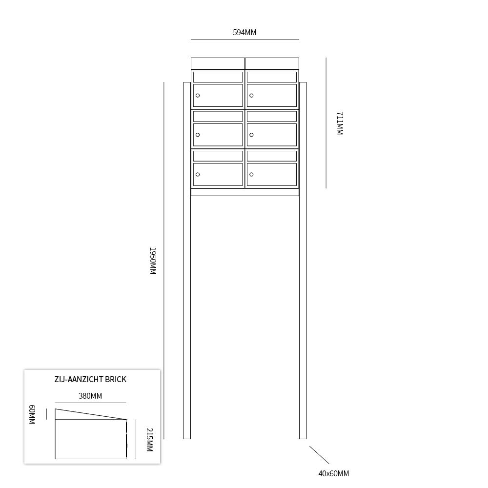 Postkastunit Brickset Antraciet 2-breed x 3-hoog met dak en statief-Deurbeslag-en-meer.nl