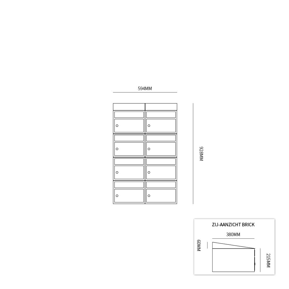 Postkastunit Brickset Antraciet 2-breed x 4-hoog met dak-Deurbeslag-en-meer.nl