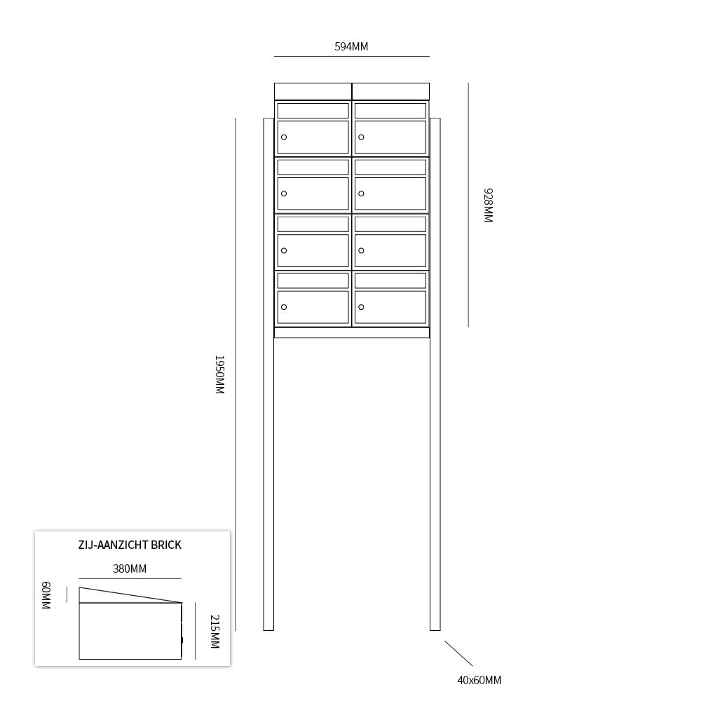 Postkastunit Brickset Antraciet 2-breed x 4-hoog met dak en statief-Deurbeslag-en-meer.nl