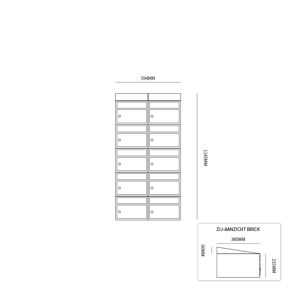 Postkastunit Brickset Antraciet 2-breed x 5-hoog met dak-Deurbeslag-en-meer.nl