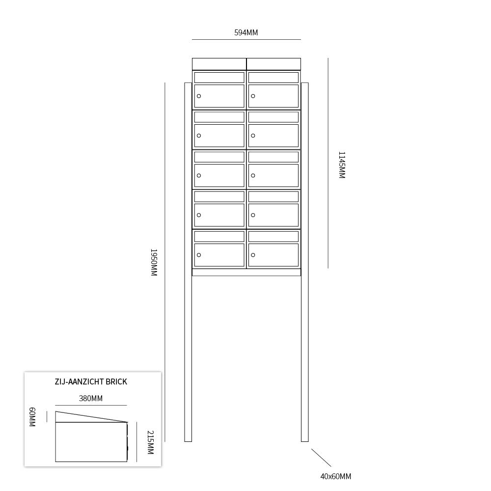 Postkastunit Brickset Antraciet 2-breed x 5-hoog met dak en statief-Deurbeslag-en-meer.nl