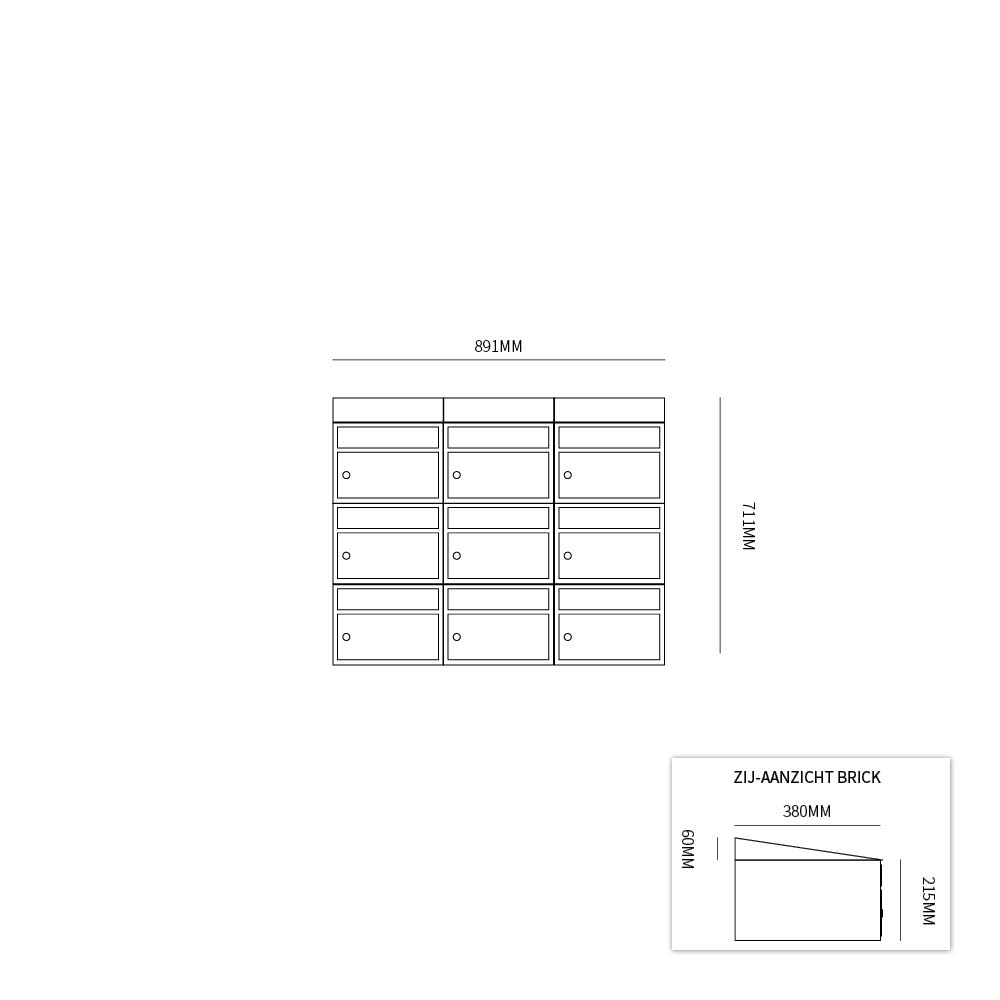 Postkastunit Brickset Antraciet 3-breed x 3-hoog met dak-Deurbeslag-en-meer.nl