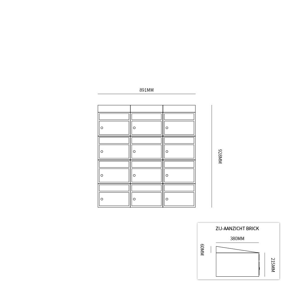 Postkastunit Brickset Antraciet 3-breed x 4-hoog met dak-Deurbeslag-en-meer.nl