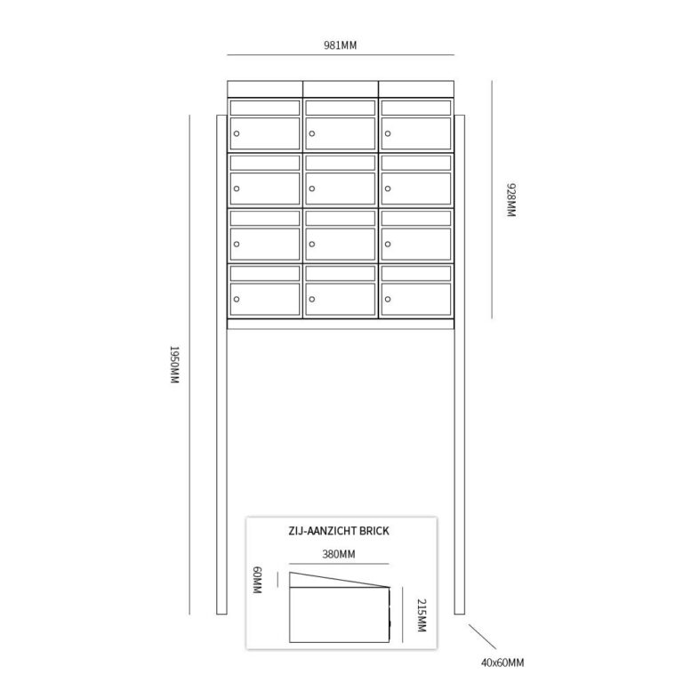 Postkastunit Brickset Antraciet 3-breed x 4-hoog met dak en statief-Deurbeslag-en-meer.nl