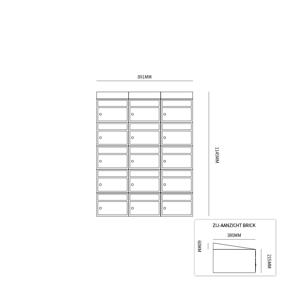 Postkastunit Brickset Antraciet 3-breed x 5-hoog met dak-Deurbeslag-en-meer.nl