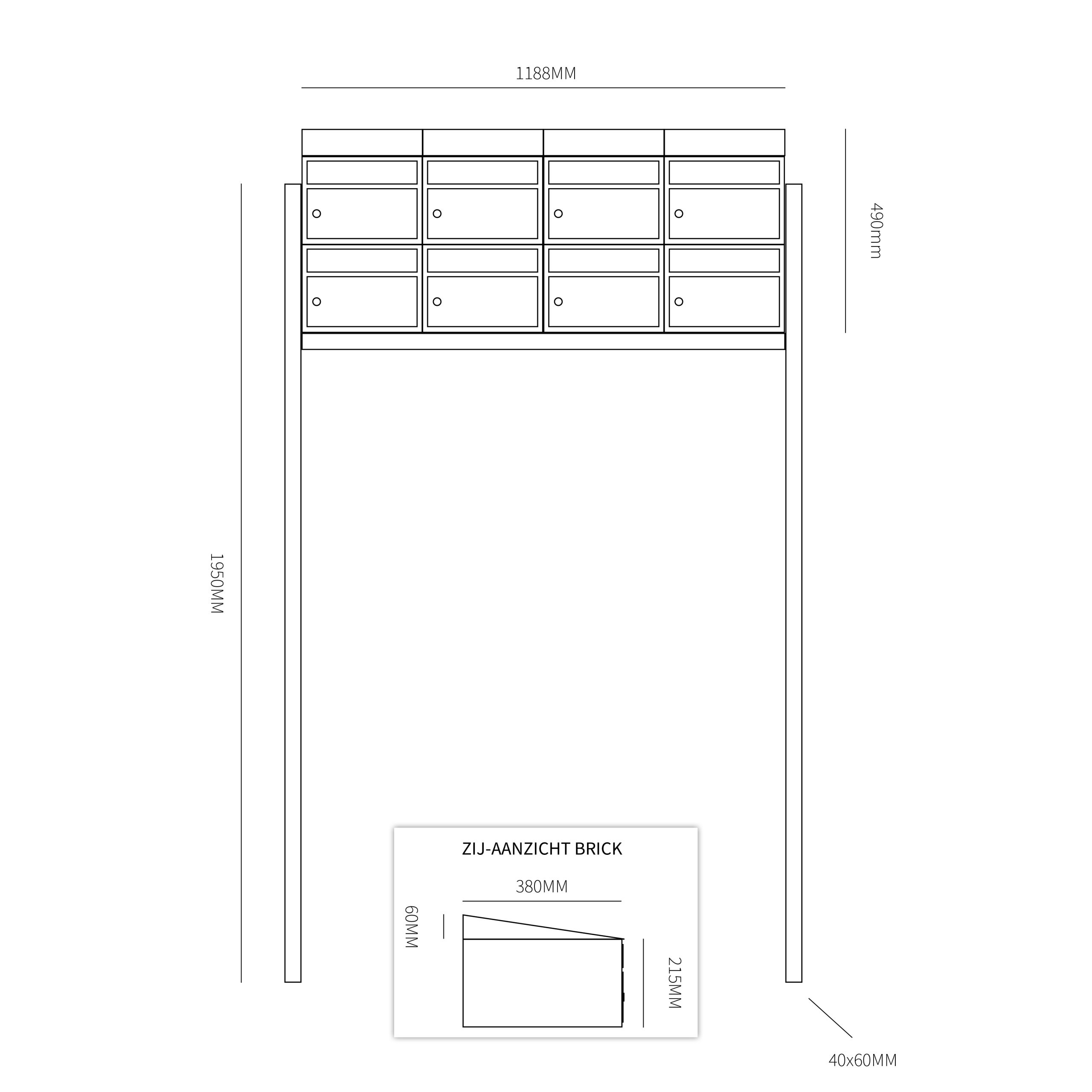 Postkastunit Brickset Antraciet 4-breed x 2-hoog met dak en statief-Deurbeslag-en-meer.nl