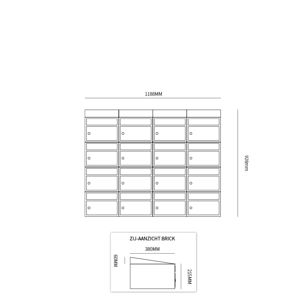 Postkastunit Brickset Antraciet 4-breed x 4-hoog met dak-Deurbeslag-en-meer.nl