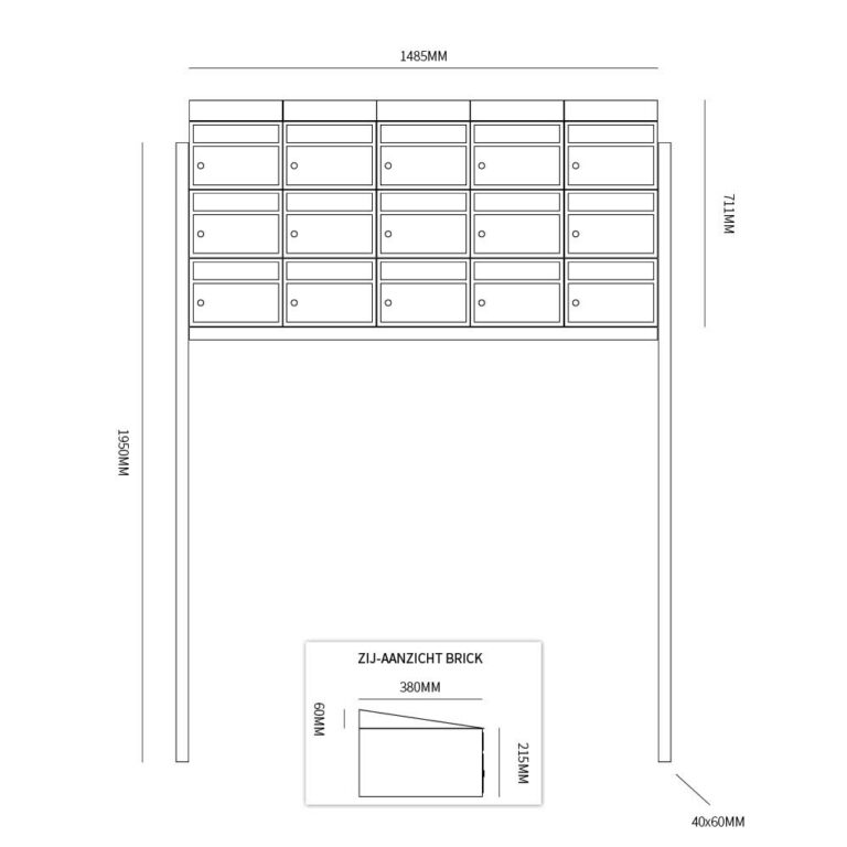 Postkastunit Brickset Antraciet 5-breed x 3-hoog met dak en statief - 40215065_5x3ds - Deurbeslag-en-meer.nl