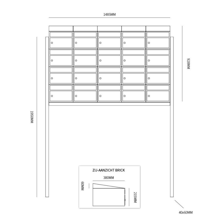 Postkastunit Brickset Antraciet 5-breed x 4-hoog met dak en statief - 40215065_5x4ds - Deurbeslag-en-meer.nl