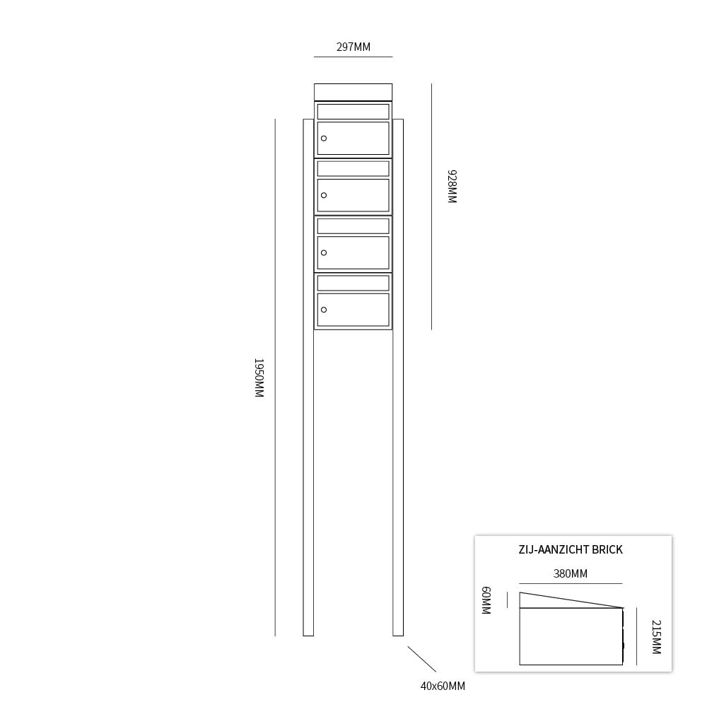 Postkastunit Brickset Zwart 4-hoog met dak en statief