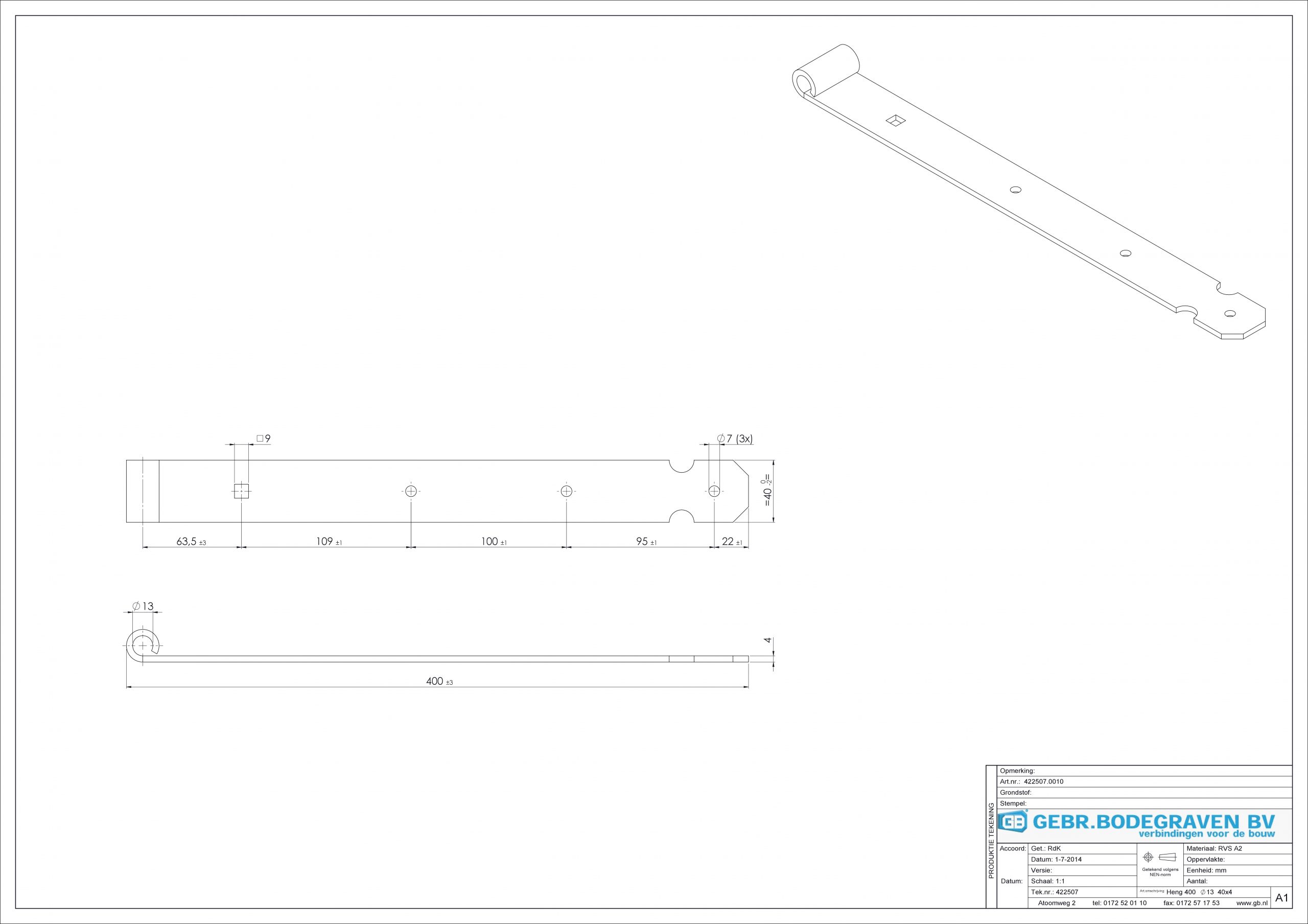 Duimheng 400 mm RVS voor pen Ø13 mm 422507 - deurbeslag-en-meer.nl