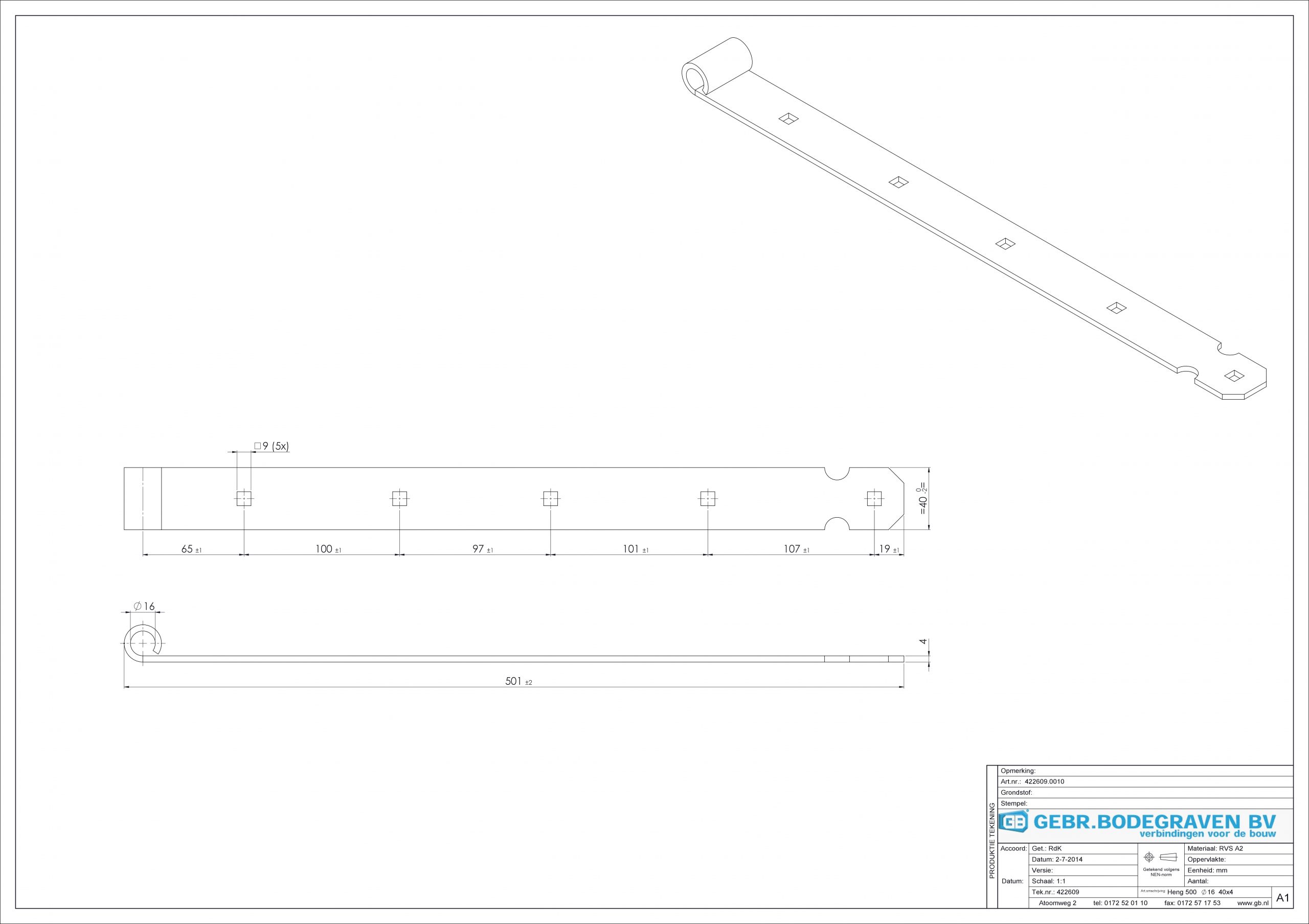 Duimheng 500 mm RVS voor pen Ø16 mm 422609 - deurbeslag-en-meer.nl