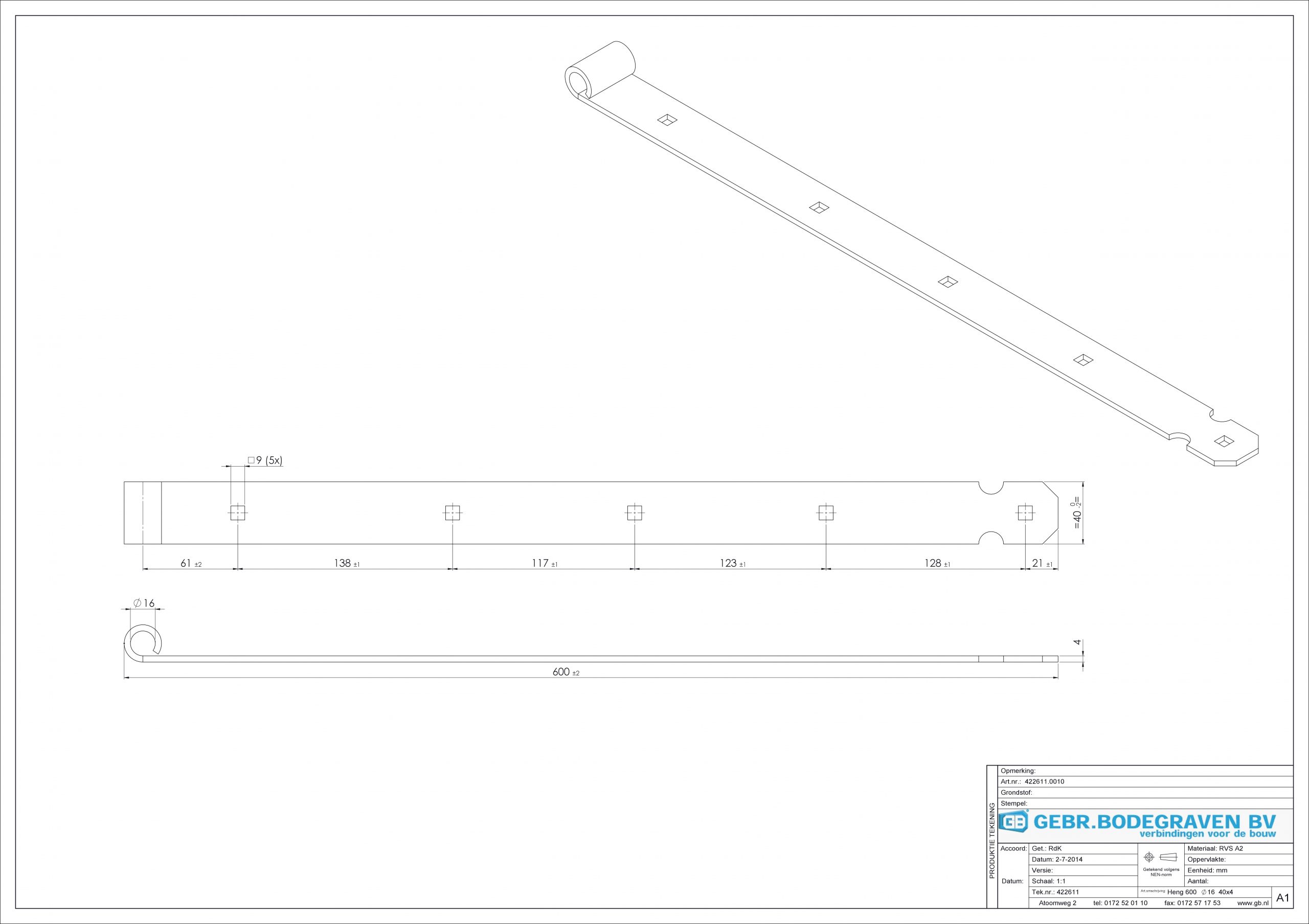 Duimheng 600 mm RVS voor pen Ø16 mm 422611 - deurbeslag-en-meer.nl