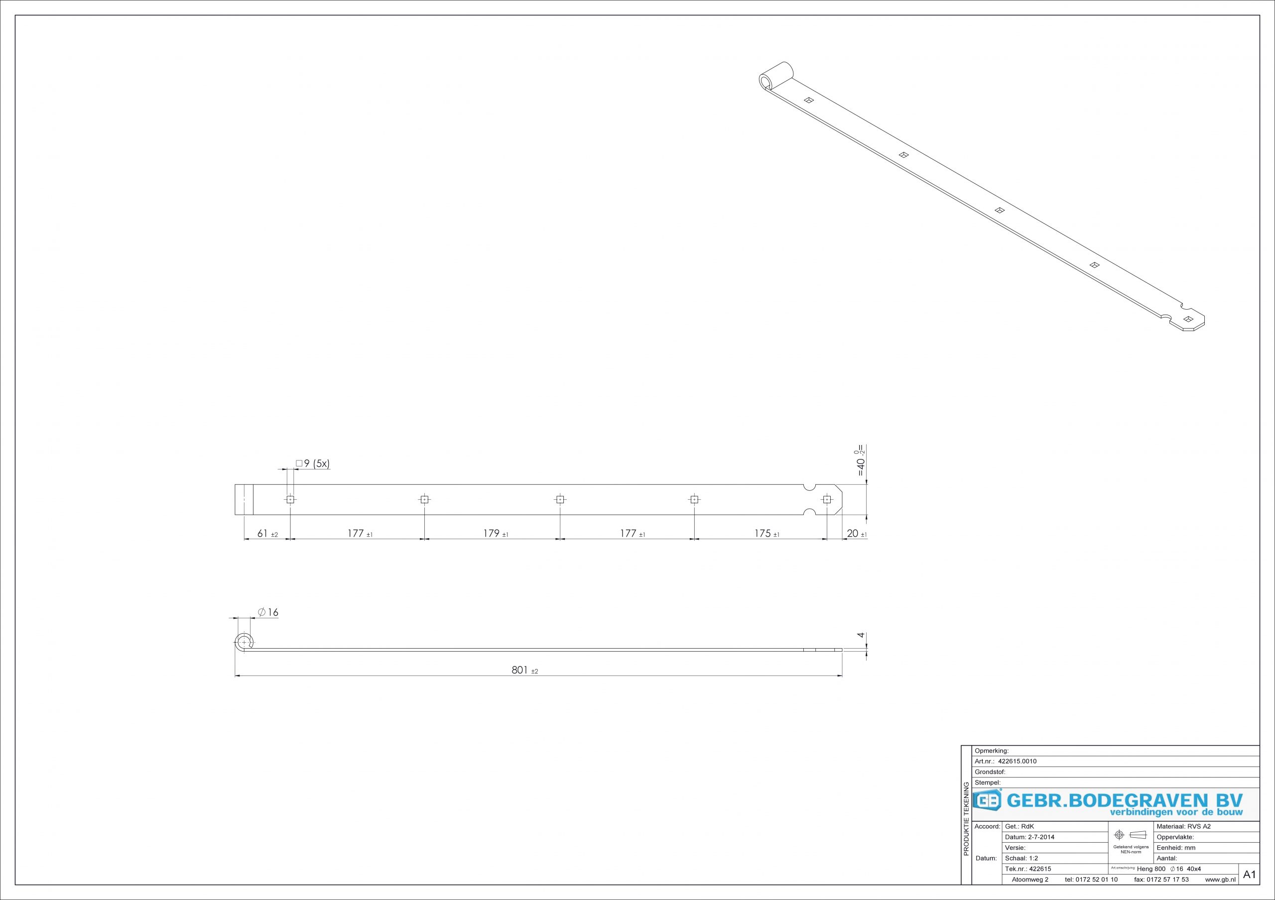 Duimheng 800 mm RVS voor pen Ø16 mm 422615 - deurbeslag-en-meer.nl