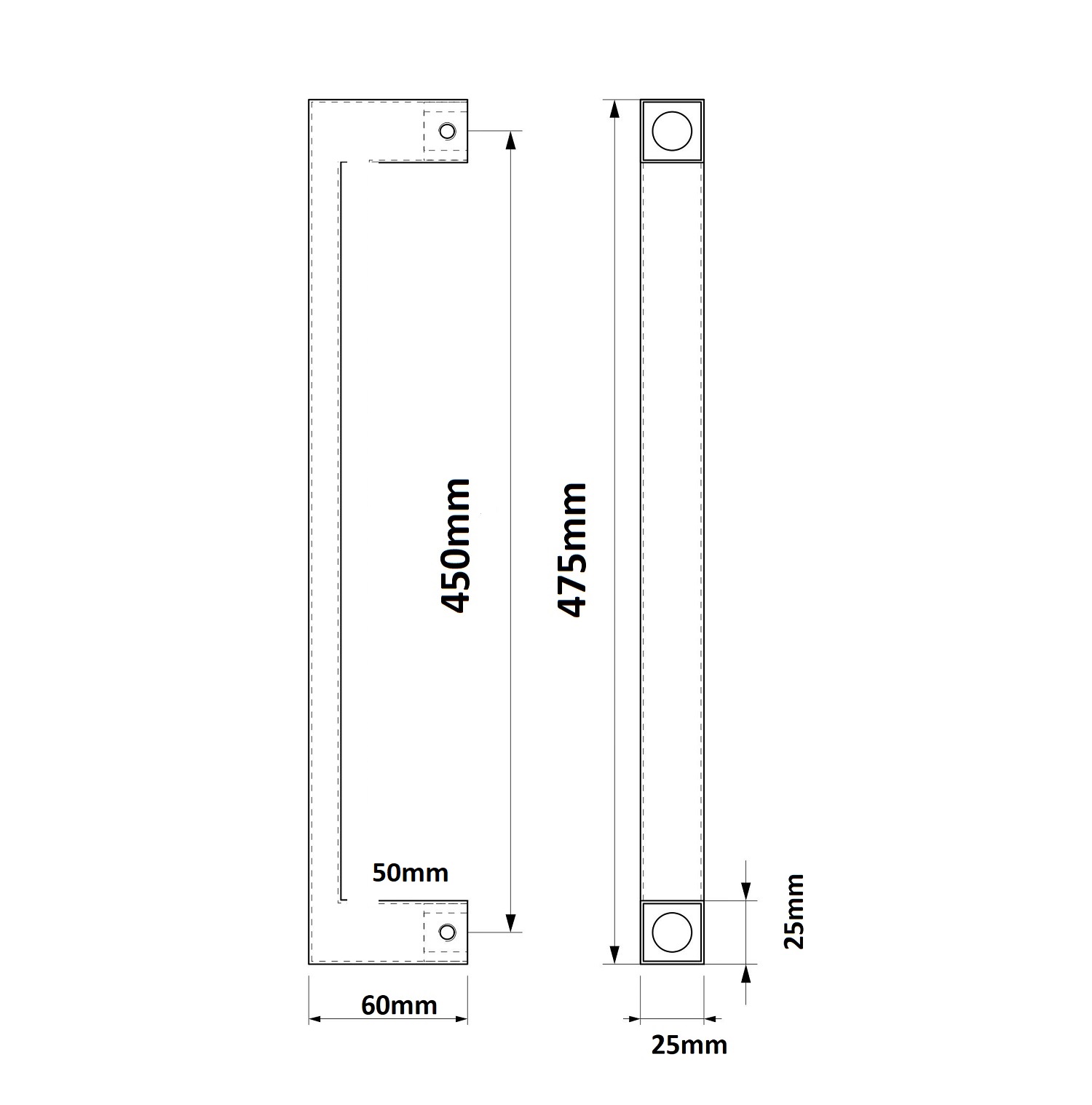 Deurgreep FLAT 25x10x475mm (h.o.h. 450mm) Zwart - Deurbeslag-en-meer.nl