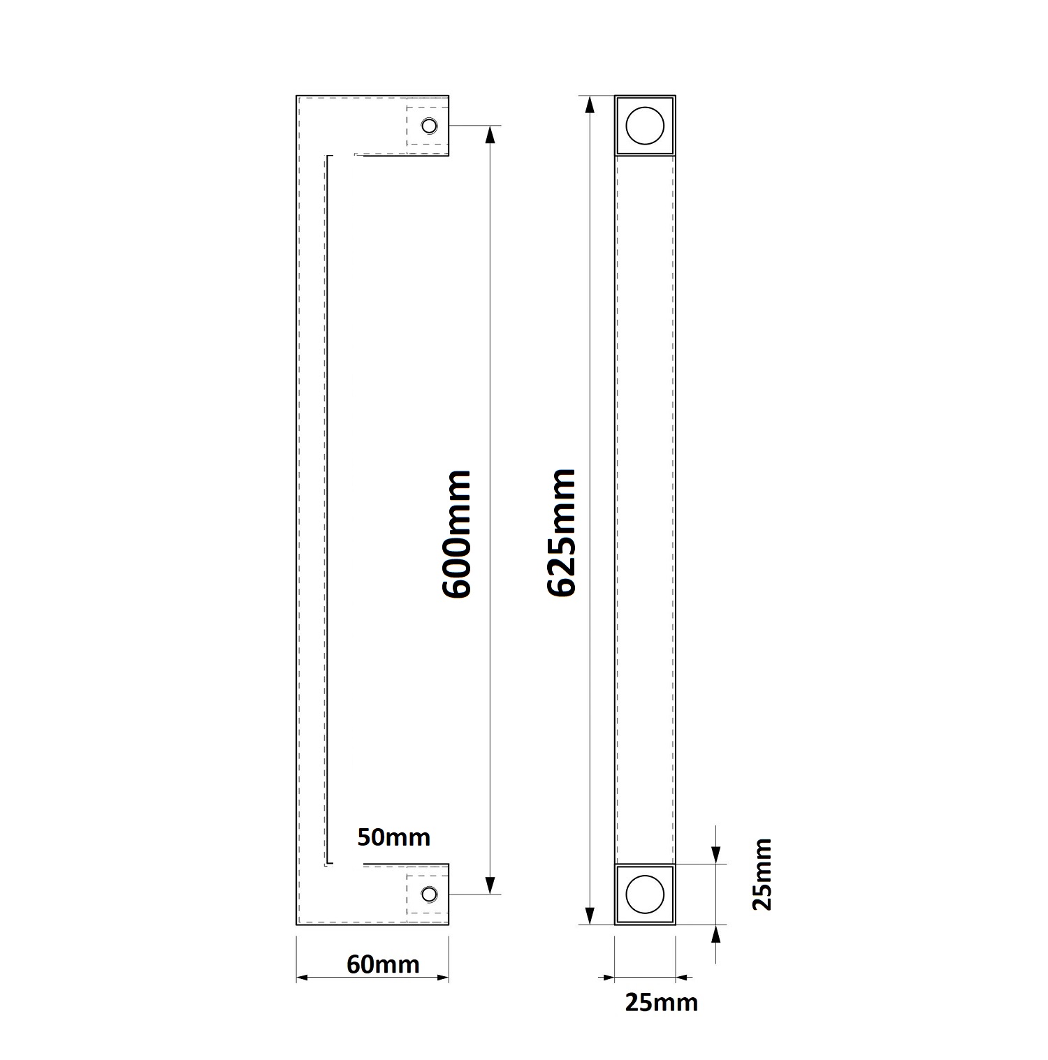 Deurgreep FLAT 25x10x625mm (h.o.h. 600mm) Zwart - Deurbeslag-en-meer.nl