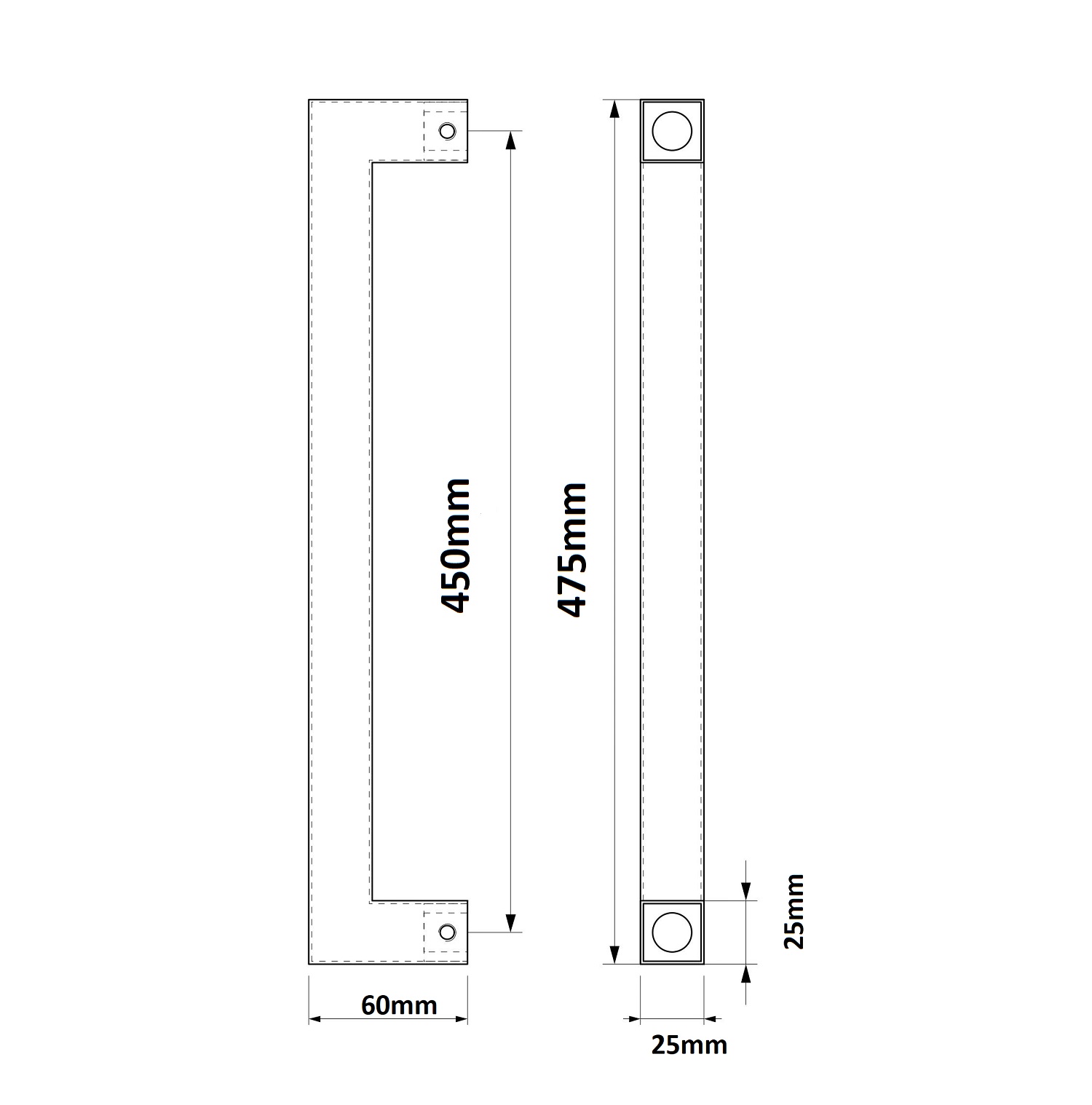 Deurgreep SQUARE 25x25x475mm (h.o.h. 450mm) Zwart - Deurbeslag-en-meer.nl