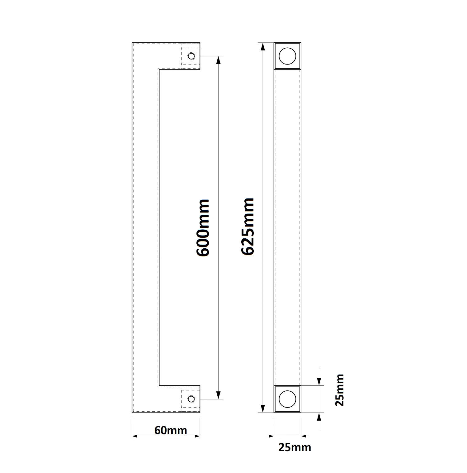 Deurgreep SQUARE 25x25x625mm (h.o.h. 600mm) Zwart - Deurbeslag-en-meer.nl