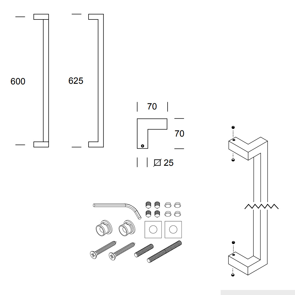 Deurgreep Denver S verkropt Puurzwart 25x25x625mm-Deurbeslag-en-meer.nl