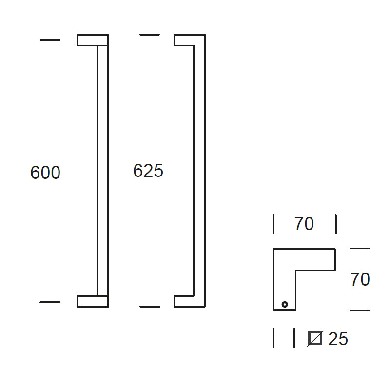 Tekening deurgreep Denver S verkropt RVS geschuurd 25x25x625mm - 62500042 - Deurbeslag-en-meer.nl